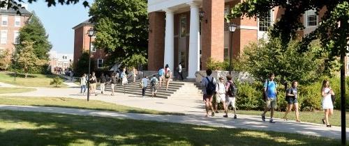 Students walking to class in front of the Young building