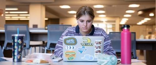 Centre student studying on laptop inside the library at table with water bottle next to her